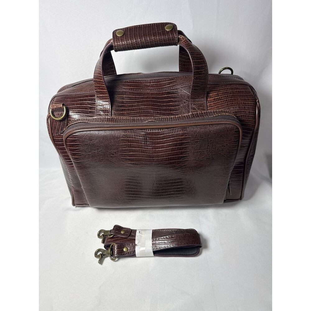 Amerileather Genuine Leather Croco Print Duffel Travel Bag Brown Carry On - Picture 3 of 16